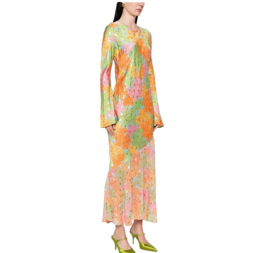 Never Full Dress Multicolor Floral Alaia Midi Long Sleeve Boho Dress 10/12 - Picture 3 of 16